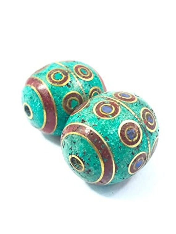 Tibetan Nepalese Artisan Handmade Brass Turquoise… - image 1