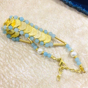 Turkish Ottantik Traditional Ottoman Design with Mother-of-Pearl & Crystal Stones with Arabic Calligraphy Gold wash Bracelet.