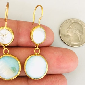 Afghan Turkoman Traditional wedding Party Belly Dance Naturel Mother-of-Pearl Stone 22k Goldwash Vintage Earrings Gift For Her.#16
