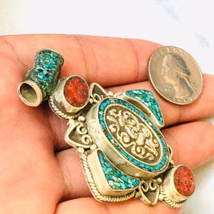 Afghan Turkoman Trditional Wedding Party Belly Dance con İnlay Coral & Turquoise Stone Hand-e-Crafted Tribal Ethnic Vintage Pendant. #16