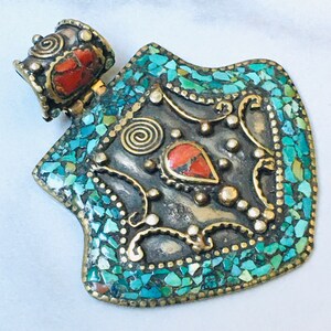 Afghan Turkoman Trditional Wedding Party Belly Dance con İnlay Coral & Turquoise Stone Hand-e-Crafted Tribal Ethnic Vintage Pendant. #16