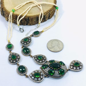 Turkish Authentic Ottoman Design Hurrem Sultan wedding Belly Dnace Silver with Bronze Mother-of-Pearl & Neelam with Zircone Stones Necklace
