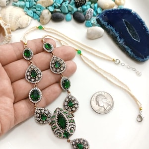 Turkish Authentic Ottoman Design Hurrem Sultan wedding Belly Dnace Silver with Bronze Mother-of-Pearl & Emerald with Zircone Stones Necklace