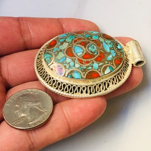 Afghan Turkoman Trditional Wedding Party Belly Dance con İnlay Coral & Turquoise Stone Hand-e-Crafted Tribal Ethnic Vintage Pendant. #16