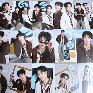 May include: A collection of trading cards featuring a young man in various poses. The cards showcase the subject wearing a brown corduroy jacket, plaid shirts, and sunglasses. Some cards have decorative elements and text.