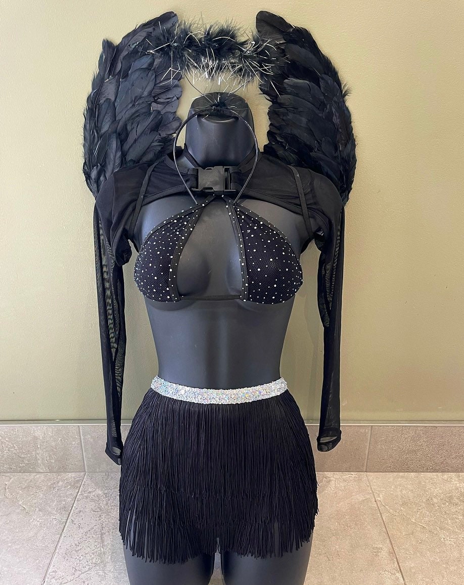 Dark angel costume, fallen angel, angel Halloween outfit, Halloween costume, angel outfit, fancy dress, fringe skirt, mesh crop top, wings