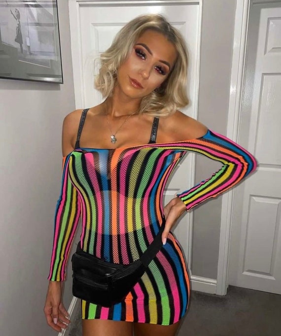 Rainbow Multi Coloured Fishnet Dress, Rainbow Dress, Festival