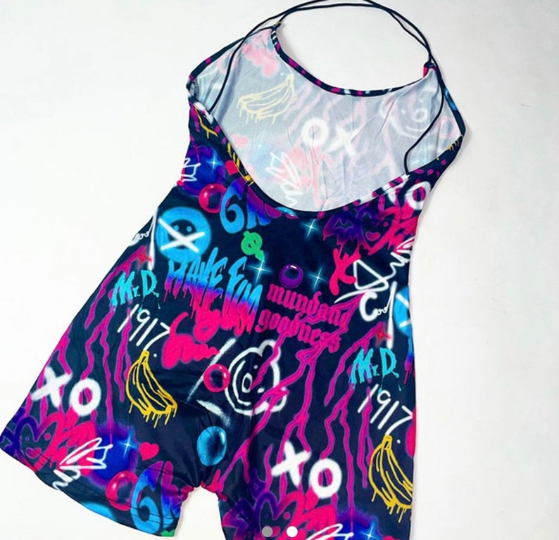 Graffiti playsuit, festival playsuit,romper, rave outfit, playsuit, festival clothing, all in one, festival top, rave outfit, graffiti rompe image 2