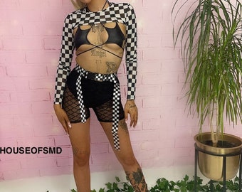 Checkerboard crop top, black and white crop top, mesh extreme crop top, checkerboard top, black and white check top, festival top, festival