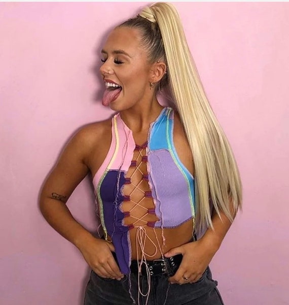 Purple Lace up Crop Top Raw Hem Crop 