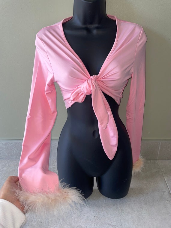 Pink fluffy crop top, tie crop top, tie up pink t… - image 2