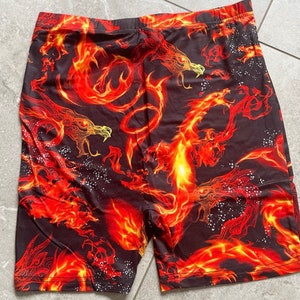 Flame print shorts, fire print shorts, dragon print flame shorts, festival shorts, rave shorts, red shorts, festival clothing, rave, flame