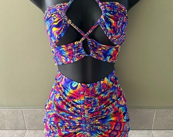 Womens festival outfit, festival two piece, rave outfit, rave skirt, rave wear, rave crop top, tie up crop top, psychedelic two piece, rave