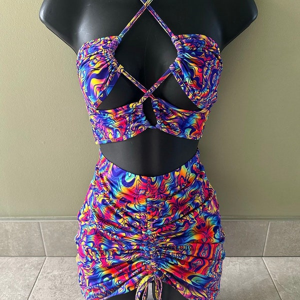 Womens festival outfit, festival two piece, rave outfit, rave skirt, rave wear, rave crop top, tie up crop top, psychedelic two piece, rave