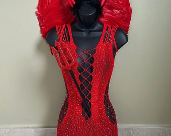 Red Devil Halloween costume, fancy, dress, devil accessories, red fishnet dress, Halloween wings, devil fork, devil horns, devil, angel wing