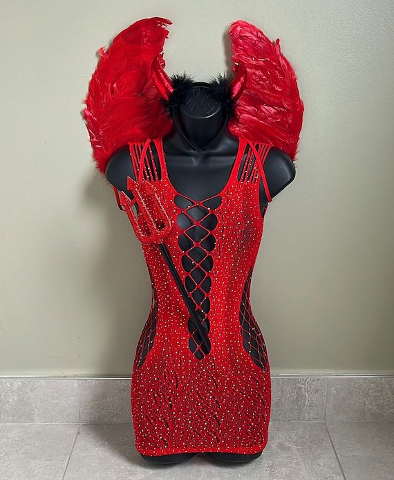 Red Devil Halloween costume, fancy, dress, devil accessories, red fishnet  dress, Halloween wings, devil fork, devil horns, devil, angel wing