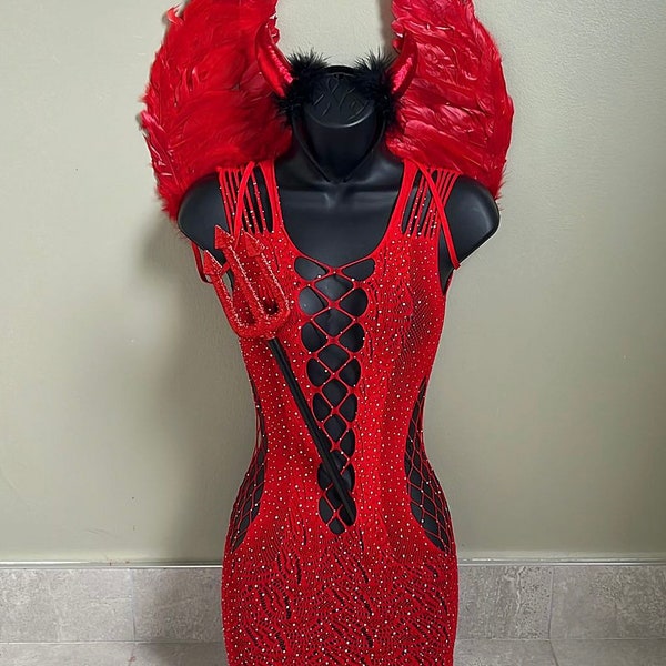 Red Devil Halloween costume, fancy, dress, devil accessories, red fishnet dress, Halloween wings, devil fork, devil horns, devil, angel wing