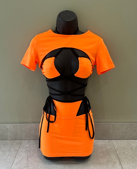 Tenue de festival orange fluo, tenue rave, vêtements de festival pour femmes,  haut court, jupe, tenue fluo, ravewear fluo nouer haut court, combishort  barboteuse -  France