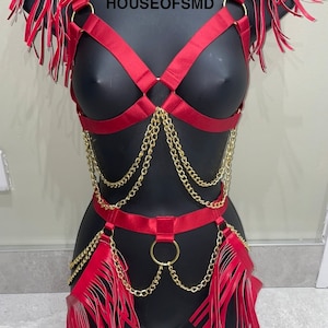 Red harness, festival harness, red and gold harness, festival outfit, rave outfit, festival belt, chest harness, red festival outfit, rave