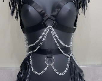 Black festival harness, black and sliver harness, festival outfit, black co ord, festival belt, chain belt, chest harness, rave outfit