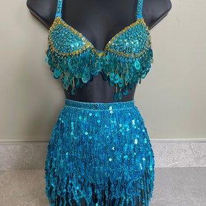 Blue festival two piece, festival co ord, pole dancing outfit, festival outfit, carnival bra, sequin skirt, tassel skirt, sequin bra