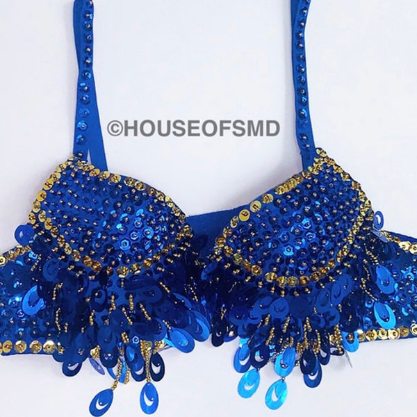 Blue carnival bra, festival bra, festival outfit, bralet, gold bra, belly dancer bra, sequin bra, festival outfit, rave outfit