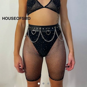 Black fishnet shorts,rhinestone shorts, festival shorts, rave outfit, black shorts, rave shorts