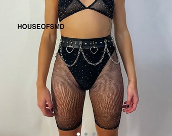 Black fishnet shorts,rhinestone shorts, festival shorts, rave outfit, black shorts, rave shorts