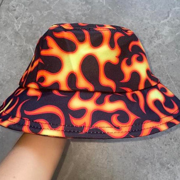 Flame print bucket hat, fire print bucket hat, hat , flame print hat, festival hat, unisex hat, festival outfit, rave hat