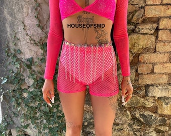 Pink mesh extreme buckle crop top, festival crop top, mesh crop top, neon pink crop top, mesh festival top