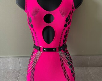 Neon pink fishnet dress, mesh dress, festival dress, rave outfit, pink dress, fishnet festival dress, festival outfit, cut out dress, pink