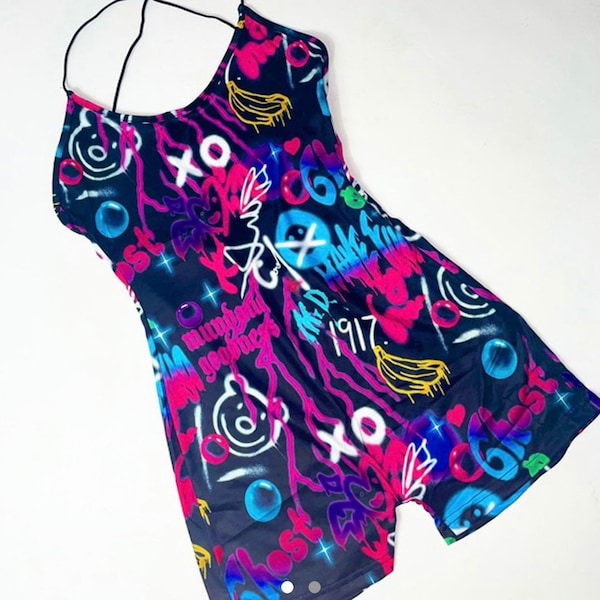 Graffiti playsuit, festival playsuit,romper, rave outfit, playsuit, festival clothing, all in one, festival top, rave outfit, graffiti rompe