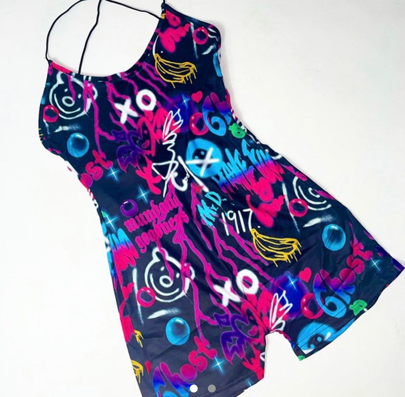 Graffiti playsuit, festival playsuit,romper, rave outfit, playsuit, festival clothing, all in one, festival top, rave outfit, graffiti rompe image 1