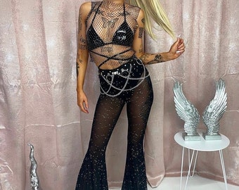 Black rhinestone festival flares, rhinestone flares, festival outfit, rave outfit , mesh trousers, women’s trousers, black trousers