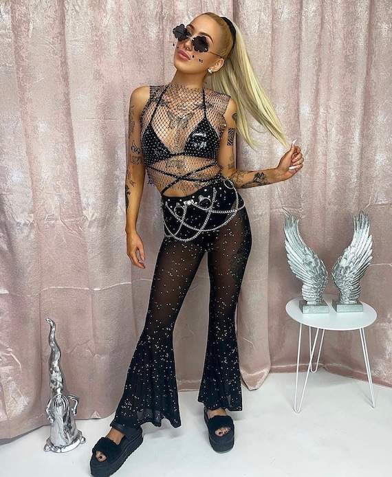 Black Rhinestone Festival Flares, Rhinestone Flares, Festival Outfit, Rave  Outfit , Mesh Trousers, Womens Trousers, Black Trousers 