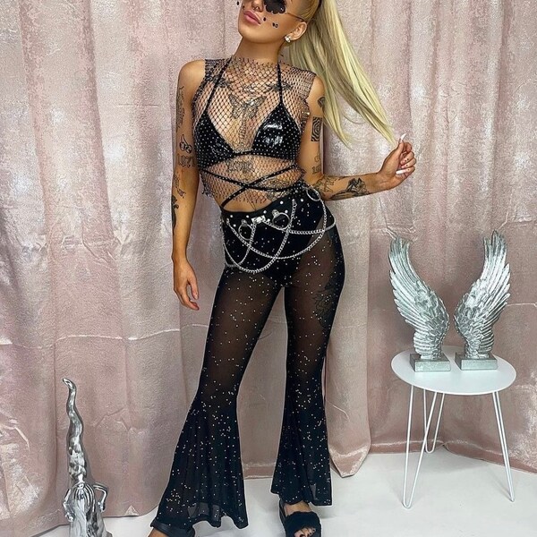 Schwarze Strass Festival Fackeln, Strass Fackeln, Festival Outfit, Rave Outfit, Netzhose, Damenhose, schwarze Hose