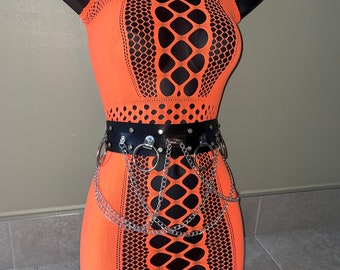 Neon orange fishnet festival dress, festival dress, rave outfit, festival outfit, sheer dress, mesh dress, orange dress, neon orange mesh