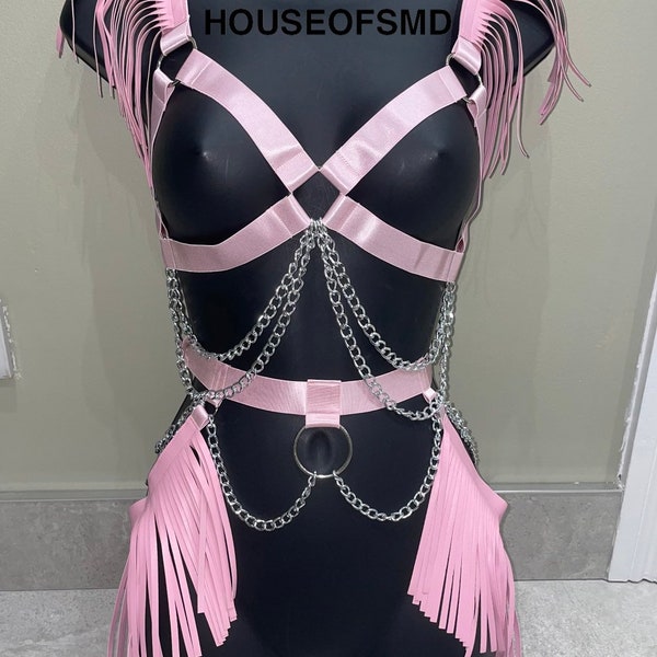 Pink harness, festival harness, pink and sliver harness, festival outfit, rave outfit, festival belt, chest harness, red festival outfit