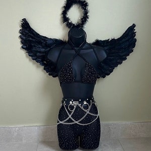 Dark angel costume, Halloween outfit, Halloween costume, fishnet two piece, hoop belt, angel wings, Halloween wings, fancy dress, festival
