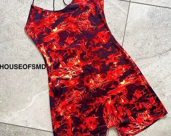 Flame print unitard, flame playsuit, fire print unitard, fire print playsuit, festival outfit, festival playsuit, festival clothing, rave