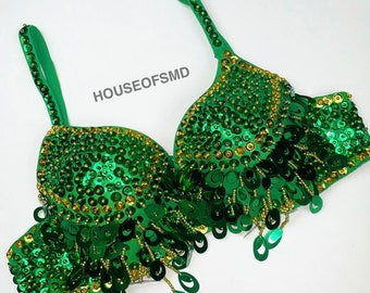 Green carnival bra, festival bra, festival outfit, bralet, gold bra, belly dancer bra, sequin bra, festival outfit, rave outfit