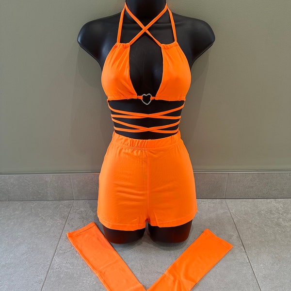 Womens neon orange festival outfit,rave outfit,festival shorts,festival crop top,orange three piece,rave wear,womens shorts,tie up crop top