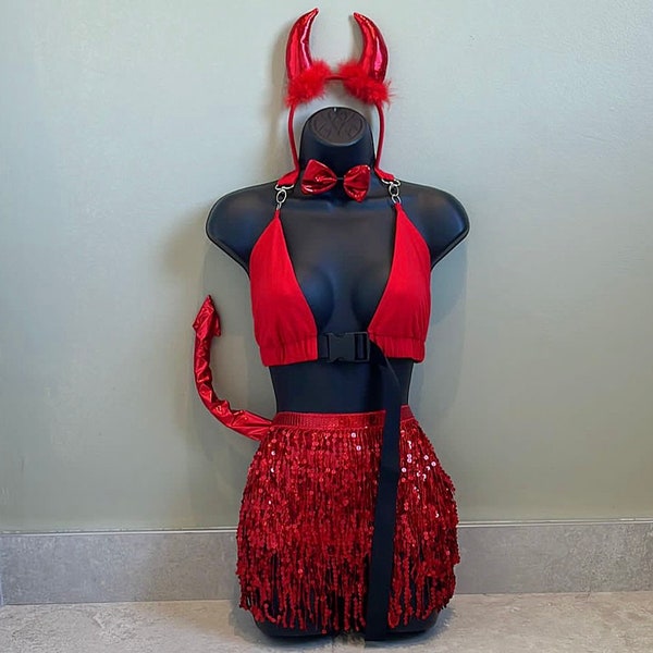 Red Devil outfit, devil costume, Halloween outfit, Halloween costume, devil accessories, buckle crop top, tassel skirt, festival outfit