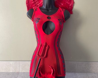 Womens devil costume, Halloween outfit, Red Devil, Halloween wings, devil horns, fancy dress, costume, fishnet dress, devil fork, red dress,