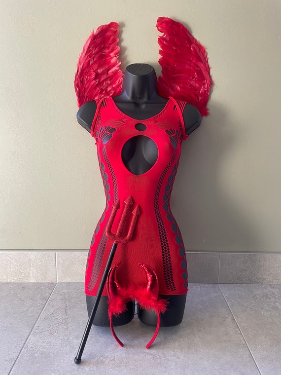Womens Devil Costume, Halloween Outfit, Red Devil, Halloween Wings, Devil  Horns, Fancy Dress, Costume, Fishnet Dress, Devil Fork, Red Dress, 