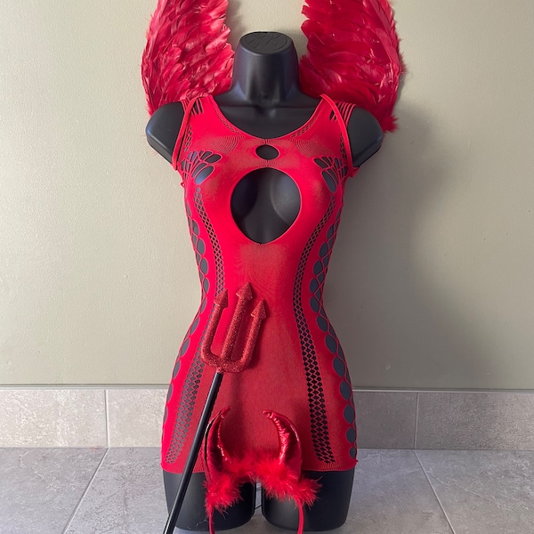 Womens devil costume, Halloween outfit, Red Devil, Halloween wings, devil horns, fancy dress, costume, fishnet dress, devil fork, red dress,