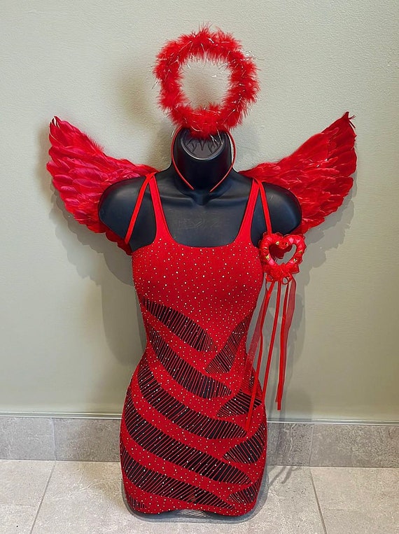 Womens Halloween outfit, Halloween costume, festival outfit, angel wings,  halo, fishnet dress, halloween costume, Halloween wings, fancy dre