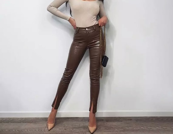 Fashion leggings in faux leather, brown --7%