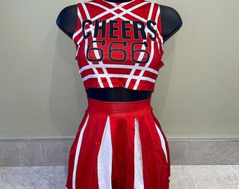 Red cheerleader costume, Halloween outfit, halloween costume, fancy dress, cheerleader skirt, crop top, festival outfit, wings, red co ord