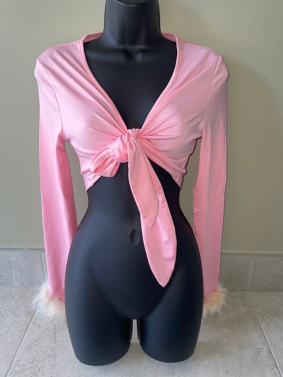 Pink fluffy crop top, tie crop top, tie up pink t… - image 1